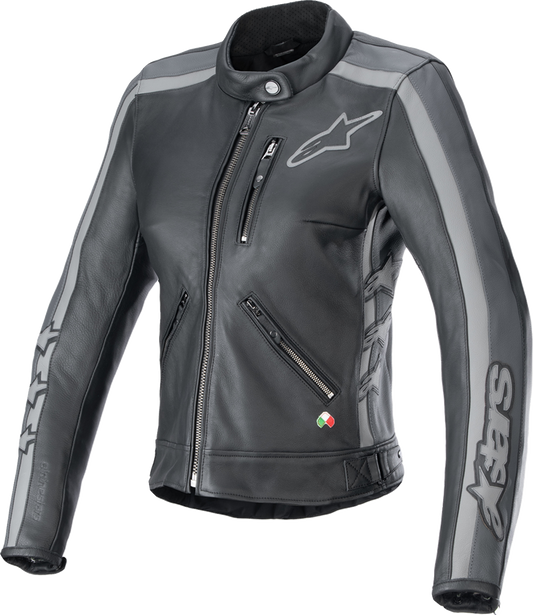 Alpinestars Stella Dyno leather motorcycle jacket in black tar gray and dark gray, size XL, with protective armor and stylish design.