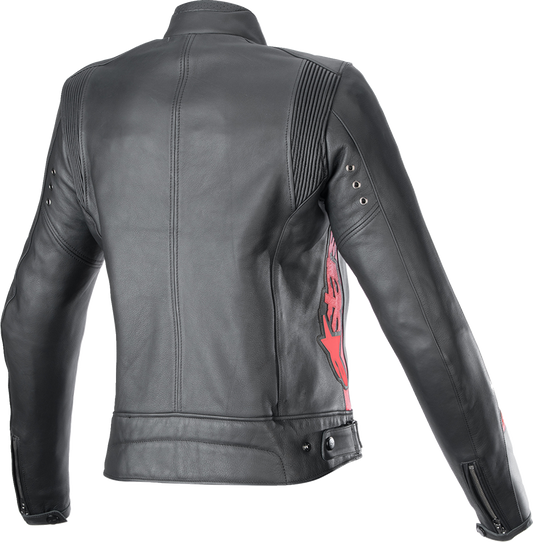 Alpinestars Stella Dyno Leather Jacket in black and haute red, medium size, featuring stylish motorcycle gear design.