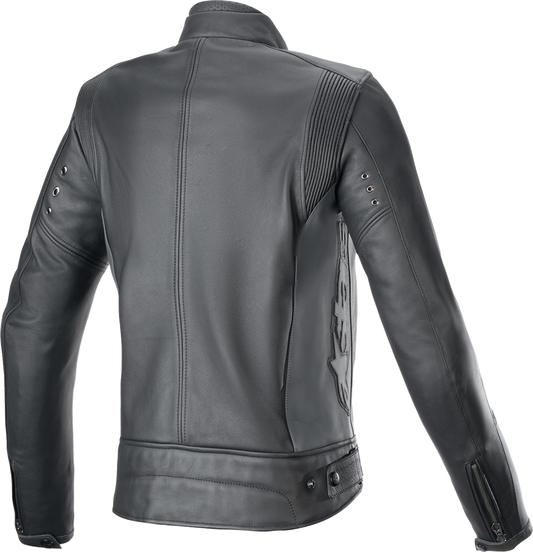 Alpinestars Stella Dyno leather motorcycle jacket in black tar gray and dark gray, size medium, with armor and stylish design.