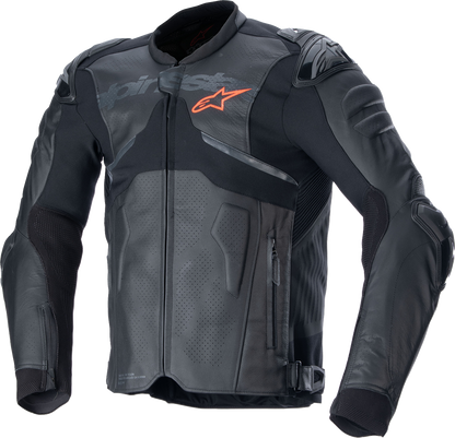 Alpinestars Atem v5 leather racing jacket in black, US 46 / EU 56, with visible racing collar and protective armor details.