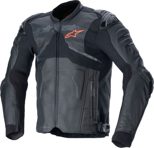 Alpinestars Atem v5 leather racing jacket in black, US 46 / EU 56, with visible racing collar and protective armor details.