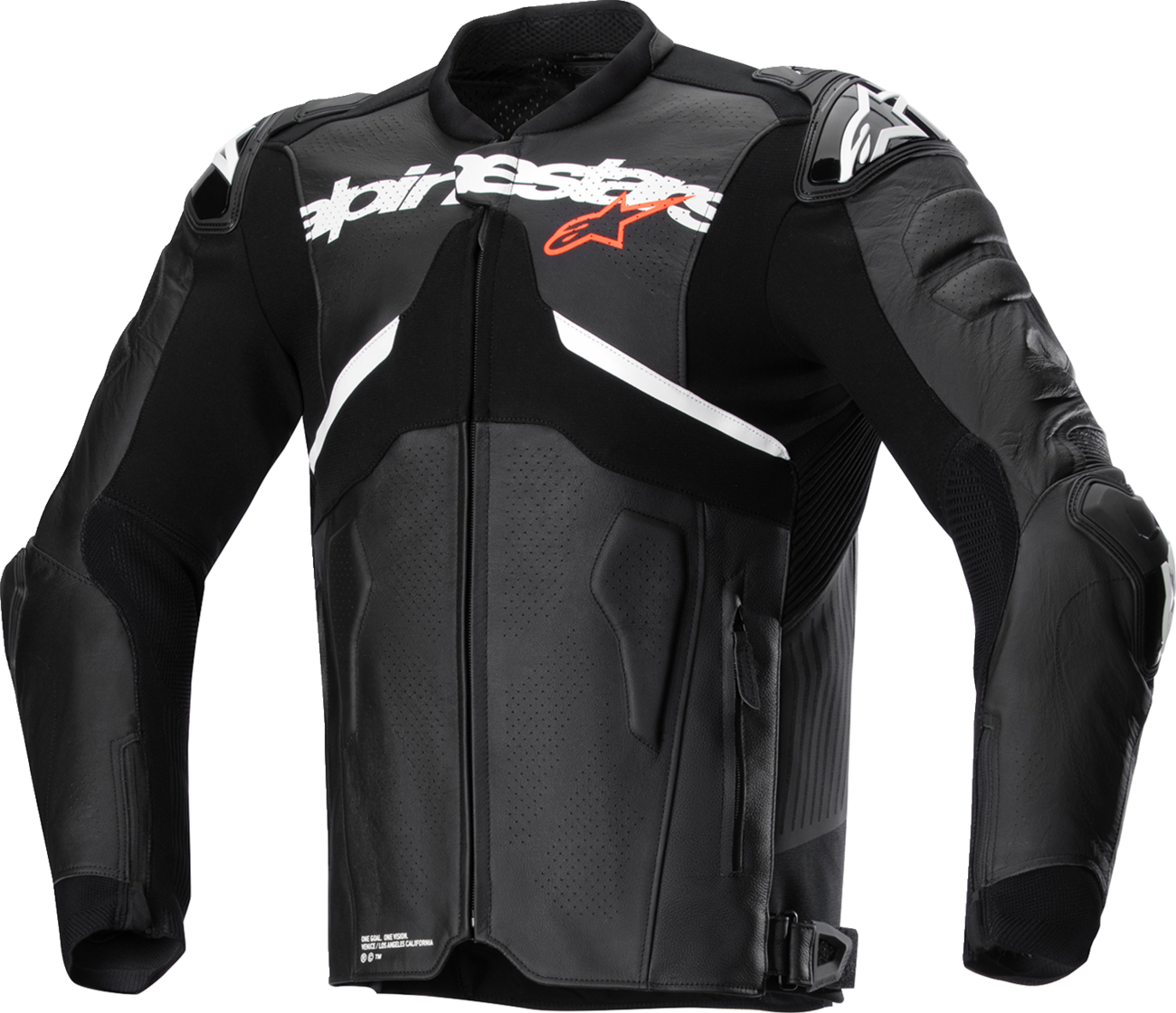 Alpinestars Atem v5 leather motorcycle jacket in black and white, size US 44 / EU 54, with protective armor and sleek design.