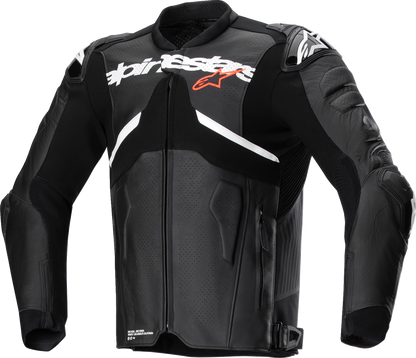 Alpinestars Atem v5 leather motorcycle jacket in black and white, size US 44 / EU 54, with protective armor and sleek design.