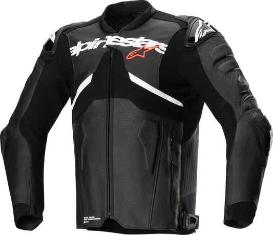 Alpinestars Atem v5 leather motorcycle jacket in black and white, size US 44 / EU 54, with protective armor and sleek design.