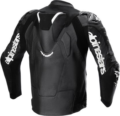 Alpinestars Atem v5 leather motorcycle jacket in black and white, US 44 / EU 54, with protective design and branding visible.