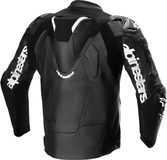 Alpinestars Atem v5 leather motorcycle jacket in black and white, US 44 / EU 54, with protective design and branding visible.