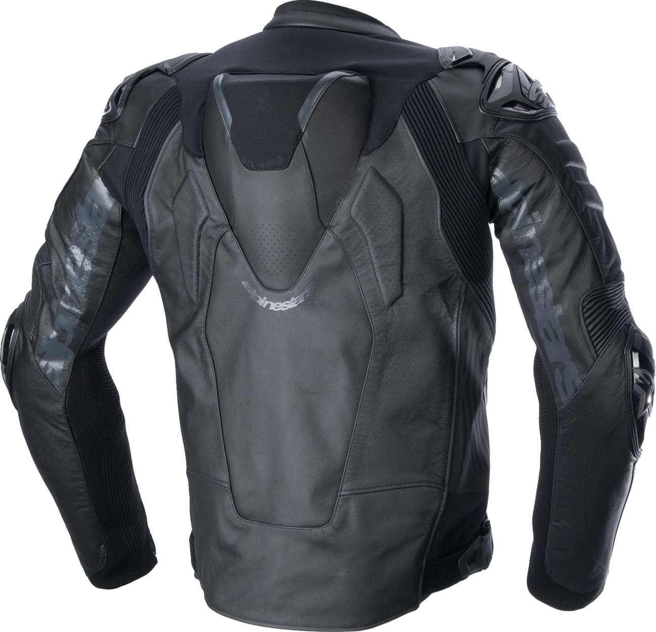 Alpinestars Atem v5 leather racing jacket in black with US size 46 and EU size 56, featuring protective armor and sleek design.