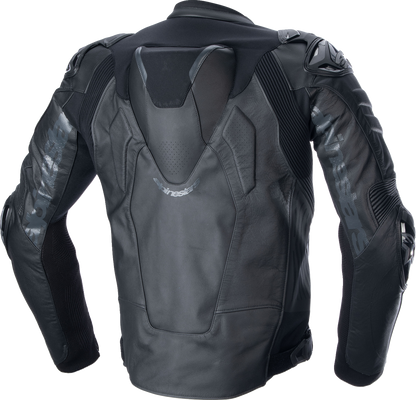 Black Alpinestars Atem v5 leather motorcycle jacket with protective padding, US 38 / EU 48, shown on a mannequin.