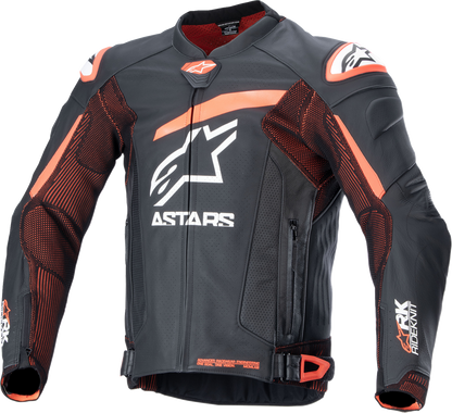 Alpinestars GP Plus R v4 Rideknit leather motorcycle jacket in black, red fluo, and white, US 38 / EU 48, with protective design details