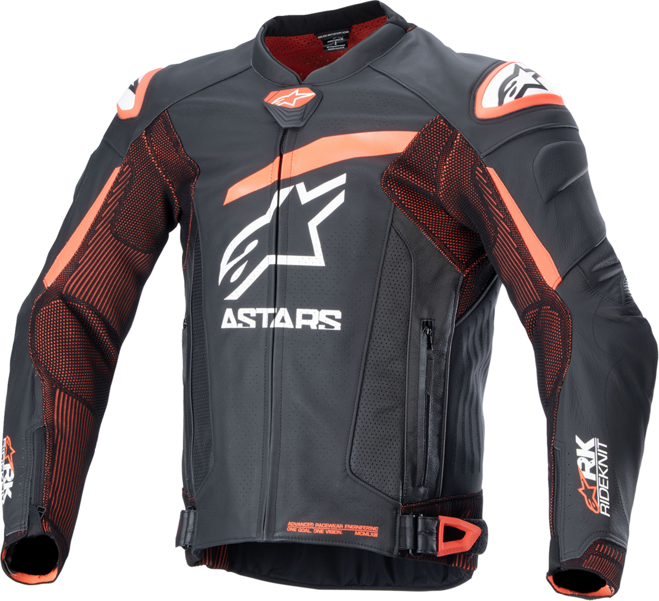 Alpinestars GP Plus R v4 Rideknit leather motorcycle jacket in black, red fluo, and white with protective details, US 46 / EU 56.