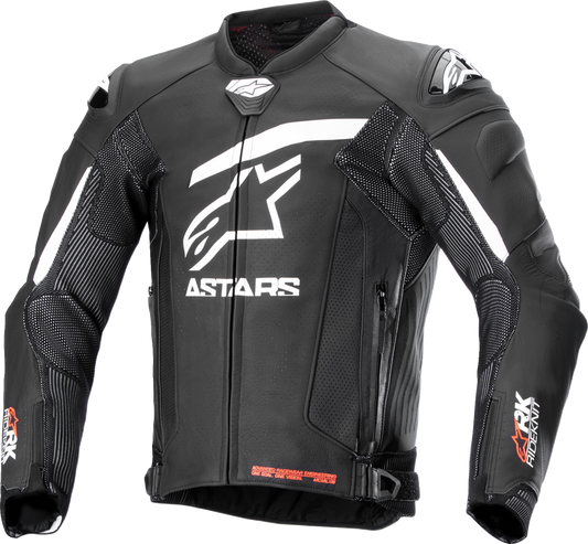 Alpinestars GP Plus R v4 Rideknit leather motorcycle jacket in black and white, with protective armor details visible.