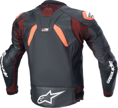 Alpinestars GP Plus R v4 Rideknit leather motorcycle jacket in black, red fluo, and white, US 46 / EU 56, displayed on a hanger.