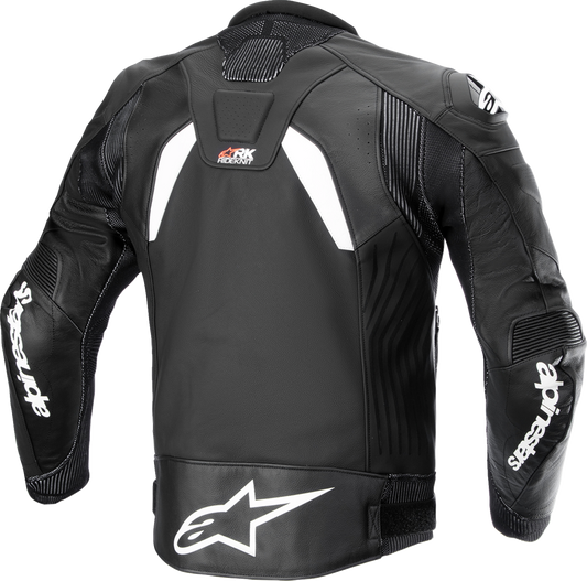 Alpinestars GP Plus R v4 Rideknit leather motorcycle jacket in black and white, US 38 / EU 48, shown on a mannequin.