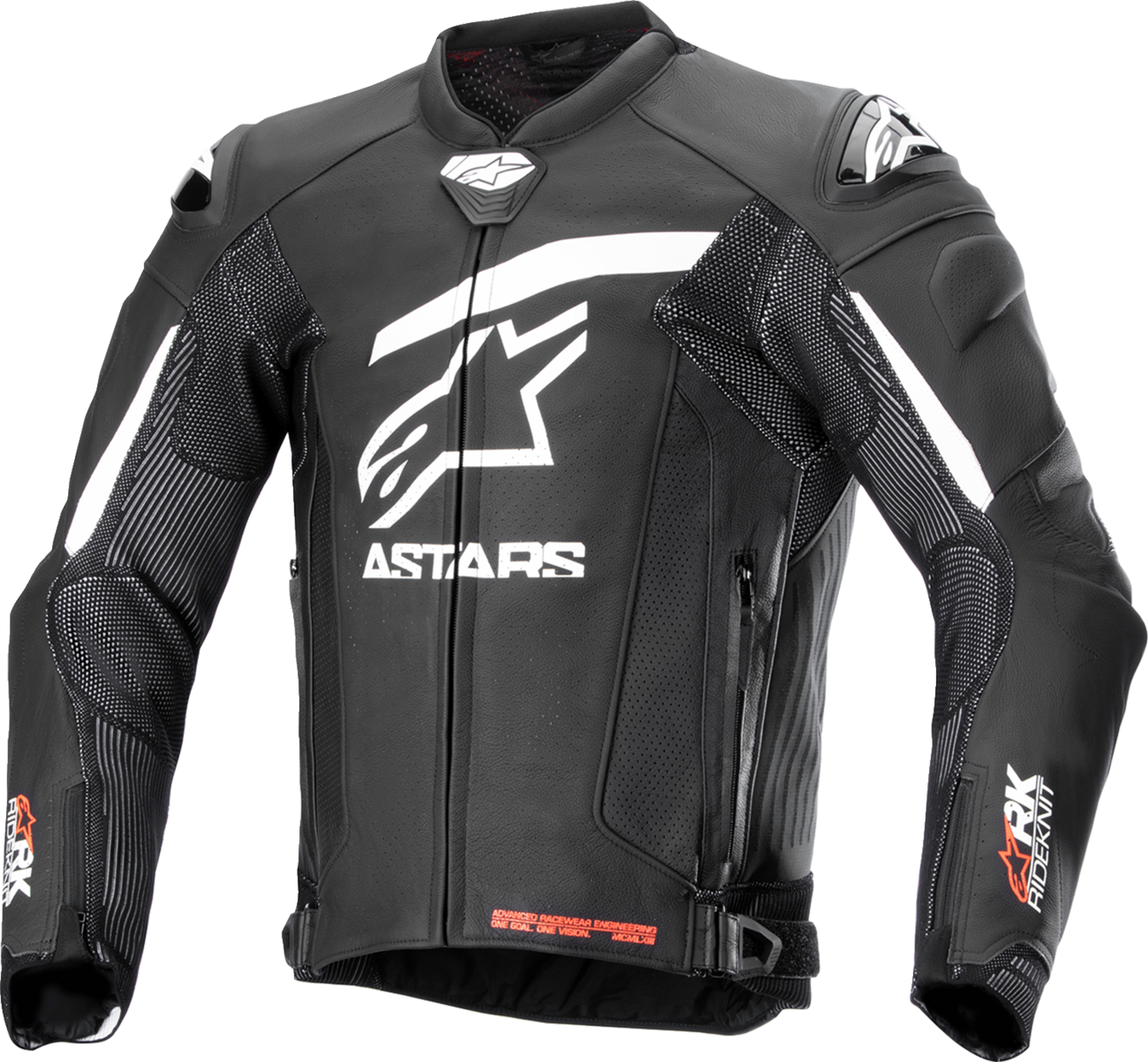 Alpinestars GP Plus R v4 Rideknit leather motorcycle jacket in black and white, US 50 / EU 60, with armor details visible.