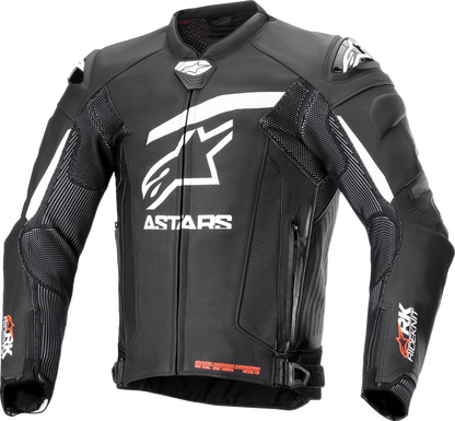 Alpinestars GP Plus R v4 Rideknit leather motorcycle jacket in black and white, US 50 / EU 60, with armor details visible.