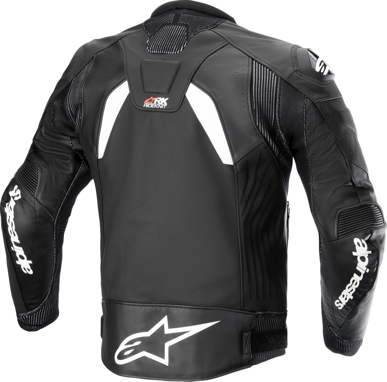 Alpinestars GP Plus R v4 Rideknit leather motorcycle jacket in black and white, US 48 / EU 58, with protective armor details.