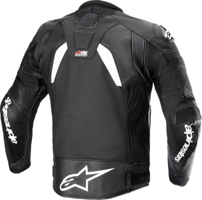Alpinestars GP Plus R v4 Rideknit leather motorcycle jacket in black and white, US 48 / EU 58, with protective armor details.