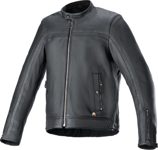 Alpinestars Dyno leather jacket in black, large size, featuring sleek motorcycle gear design and durable leather material.
