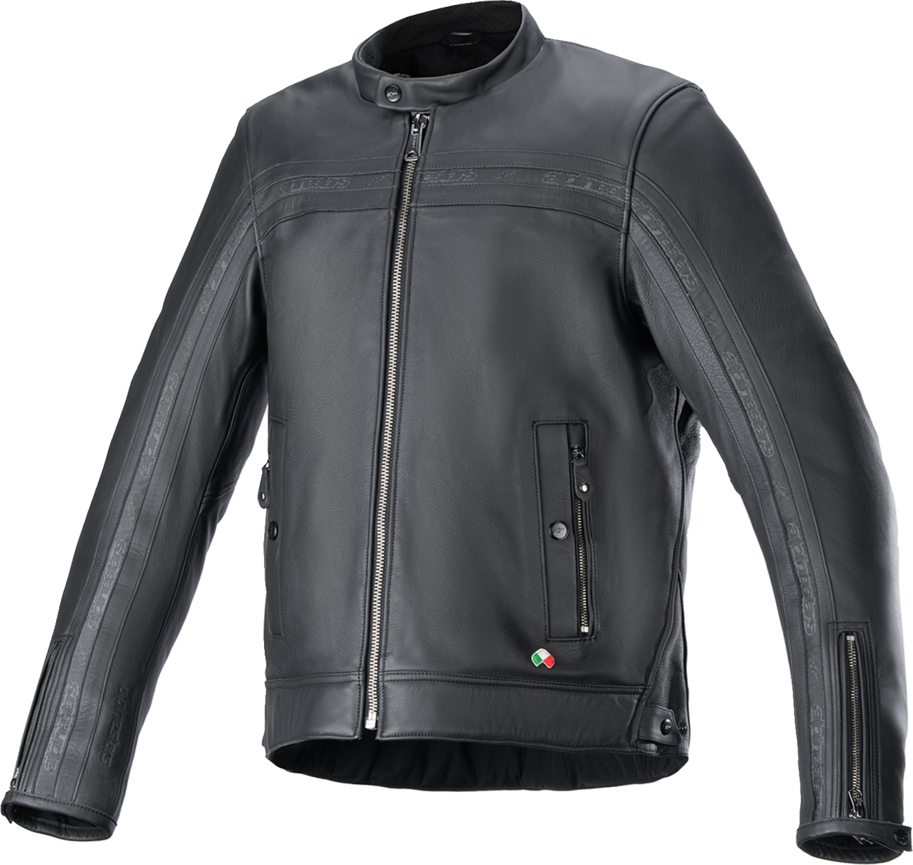 Alpinestars Dyno leather motorcycle jacket in black, medium size, featuring sleek design with protective armor and stylish stitching.