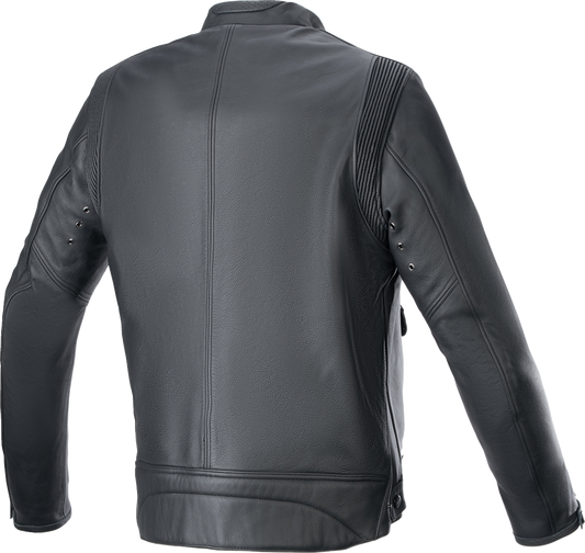 Alpinestars Dyno leather jacket in black, size small, featuring a sleek motorcycle jacket design with protective armor details.