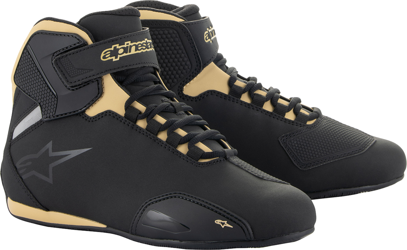 Alpinestars Stella Sektor women's motorcycle shoes in black and champagne, US 8.5, showing side view with stylish design details.