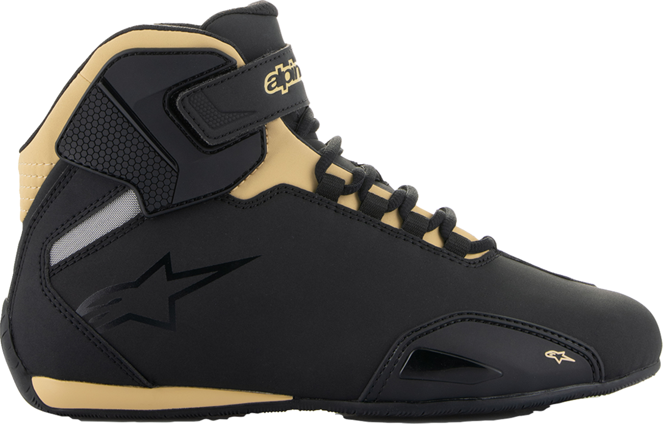 Alpinestars Stella Sektor women's motorcycle shoes in black and champagne, US 8.5, with protective design and sporty style.