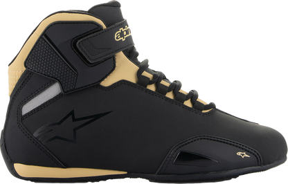 Alpinestars Stella Sektor women's motorcycle shoes in black and champagne, US 8.5, with protective design and sporty style.
