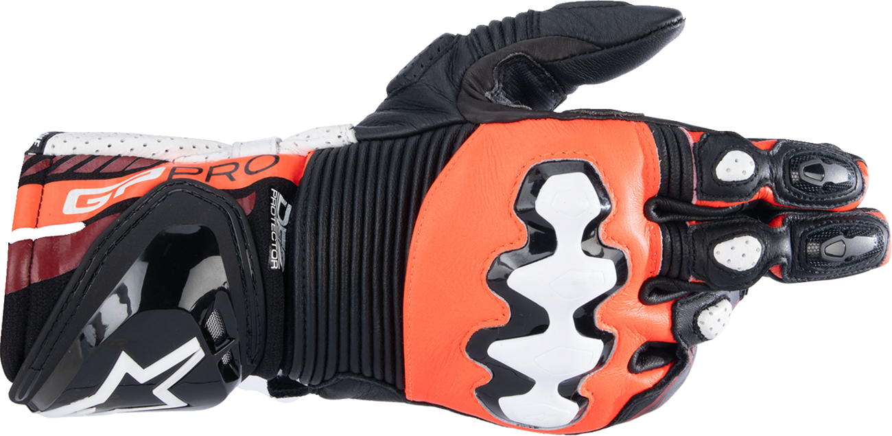 Alpinestars GP Pro R4 motorcycle gloves in black, fluo red, and white, small size, with armored knuckles and secure wrist closure.
