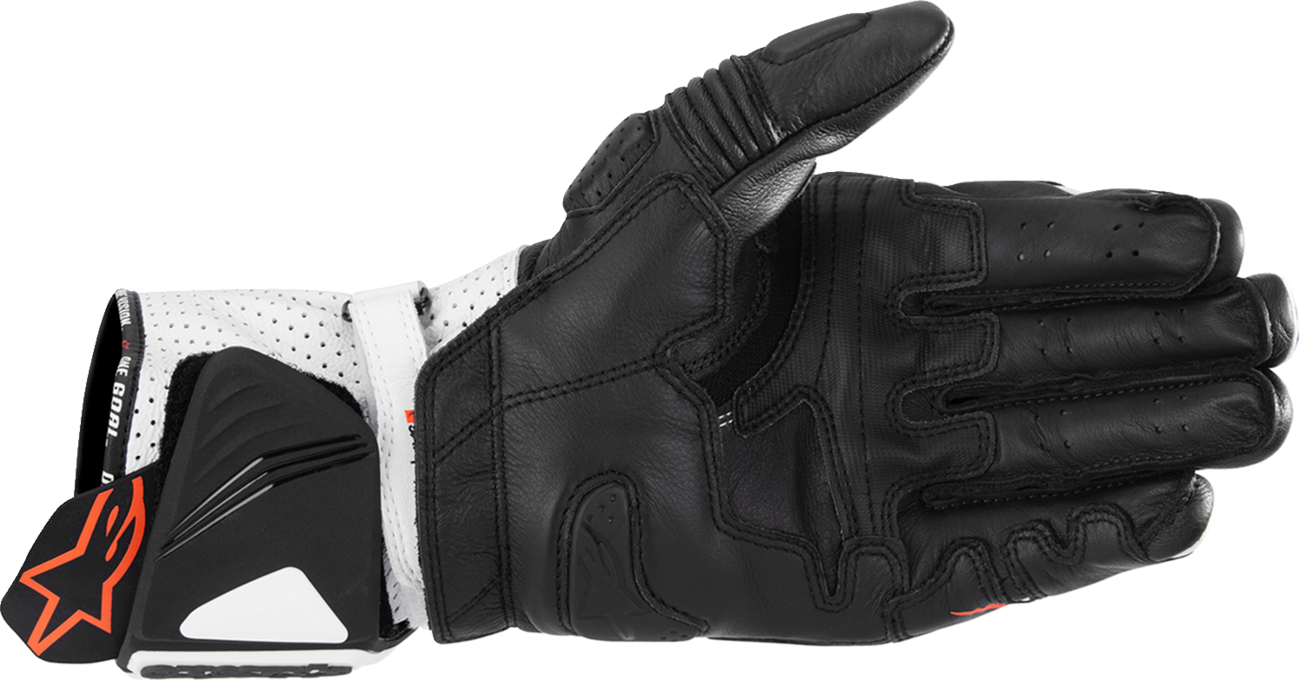 Alpinestars GP Pro R4 race gloves in black and white, small size, featuring high-performance racing gauntlet design.
