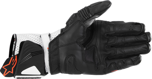Alpinestars GP Pro R4 race gloves in black and white, small size, featuring high-performance racing gauntlet design.
