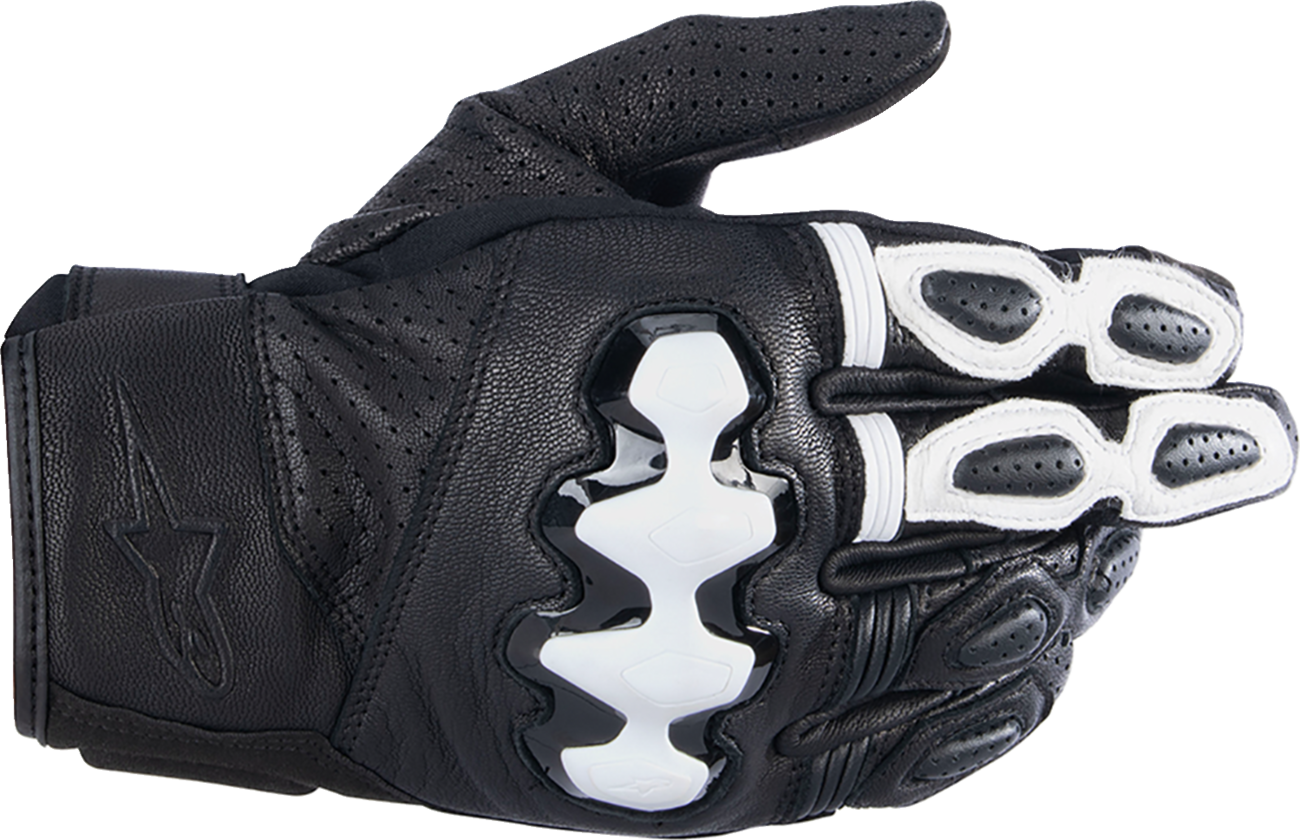 Alpinestars Celer V3 leather motorcycle gloves in black and white, size 2XL, featuring reinforced palms and adjustable wrist strap.