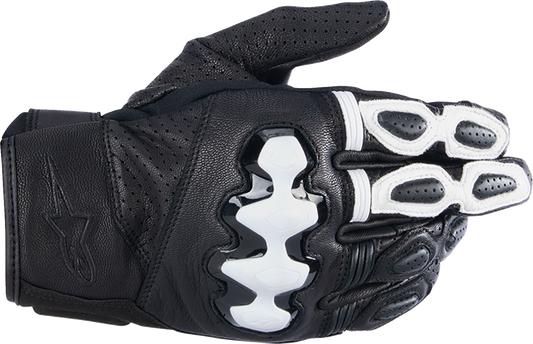 Alpinestars Celer V3 leather motorcycle gloves in black and white, size 2XL, featuring reinforced palms and adjustable wrist strap.