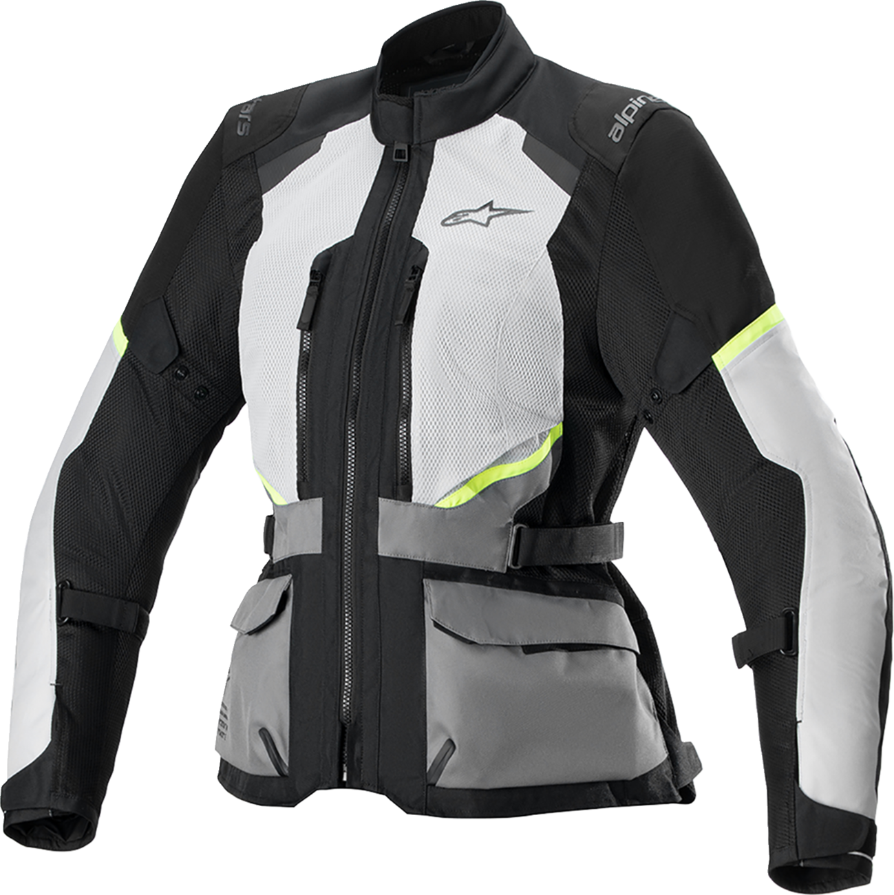 Alpinestars Stella Andes Air Drystar® motorcycle jacket in 2XL with ice gray, dark gray, and black colors, featuring breathable armor and ventilation.