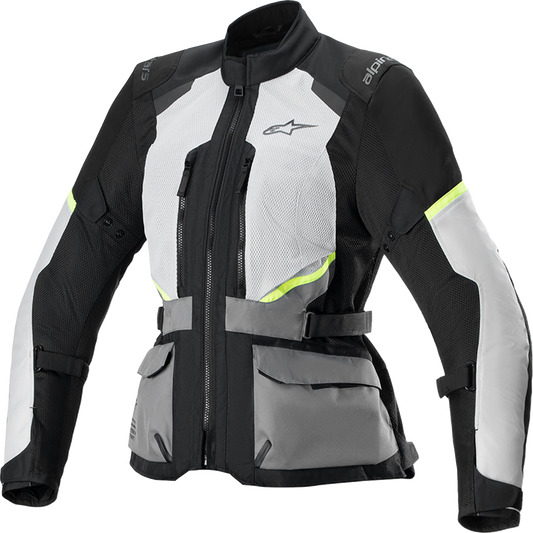 Alpinestars Stella Andes Air Drystar® women's touring motorcycle jacket in ice gray, dark gray, and black, size large.
