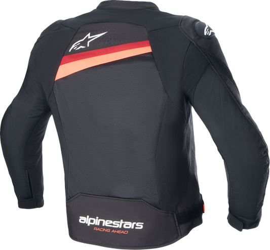 Alpinestars T-GP Plus R v4 airflow motorcycle jacket in black and red fluo, size large, with protective armor and ventilation.