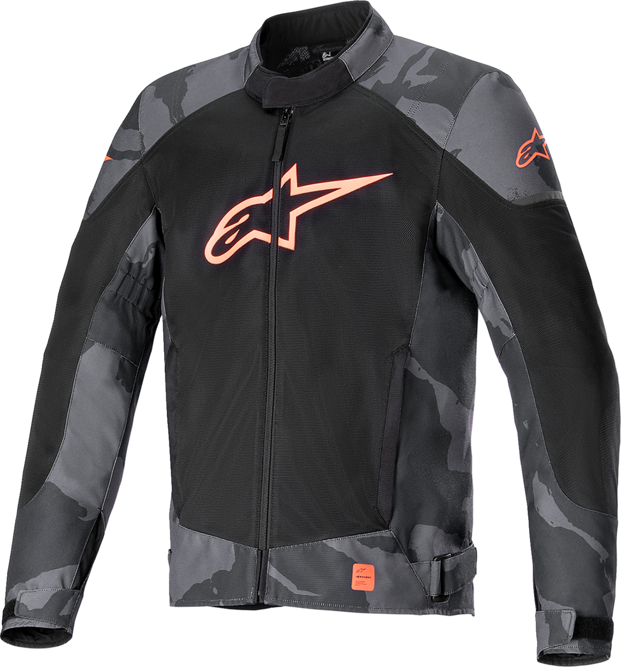 Alpinestars T-SP X Superair motorcycle jacket in gray camo and red fluo, 3XL, with visible protective armor and ventilation features.