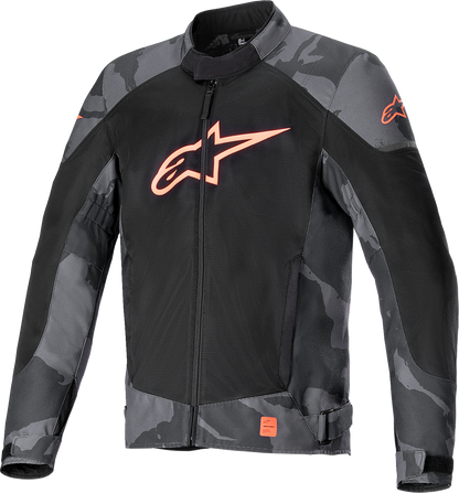 Alpinestars T-SP X Superair motorcycle jacket in gray camo and red fluo, 3XL, with visible protective armor and ventilation features.