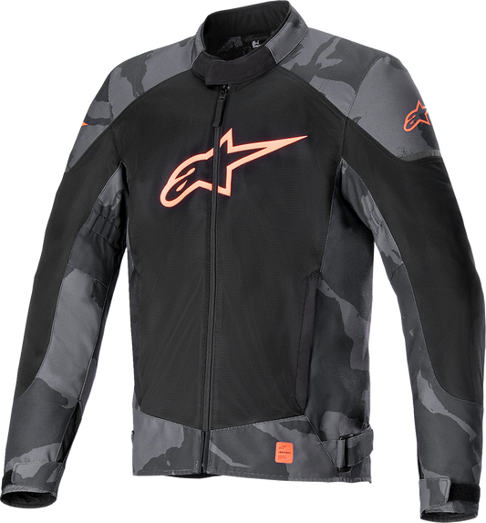Alpinestars T-SP X Superair motorcycle jacket in gray camo and red fluo, 3XL, with visible protective armor and ventilation features.