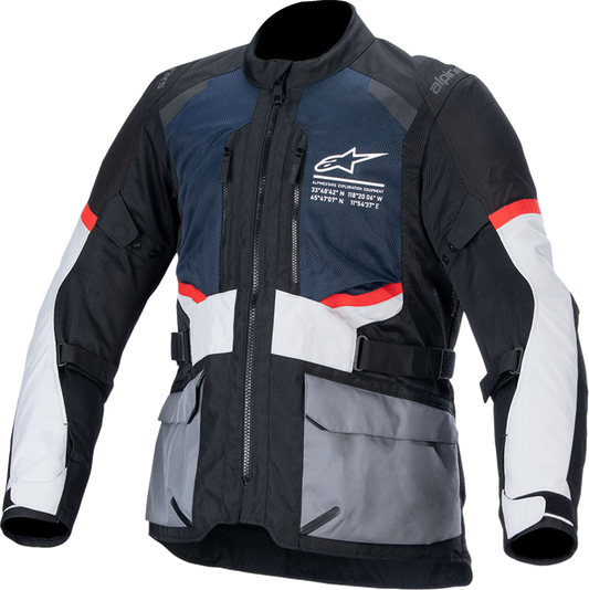 Alpinestars Andes Air Drystar® motorcycle jacket in deep blue, black, and ice gray, size large, showing front view with ventilation features.