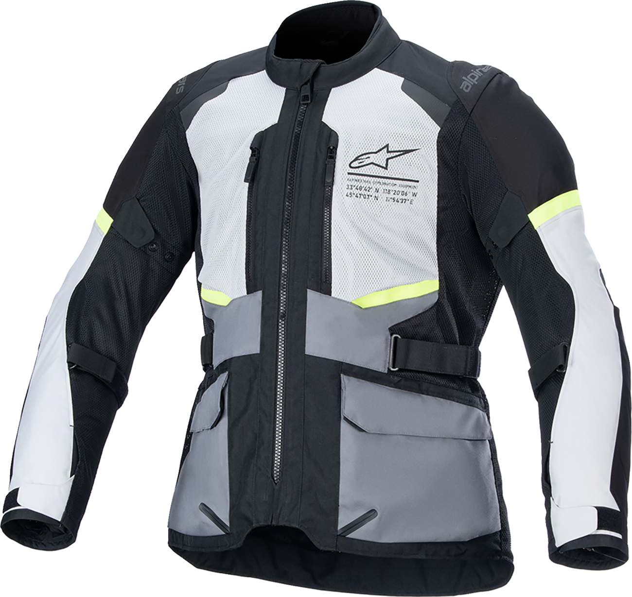 Alpinestars Andes Air Drystar® motorcycle jacket in ice gray, dark gray, and black, medium size, with protective features and ventilation.