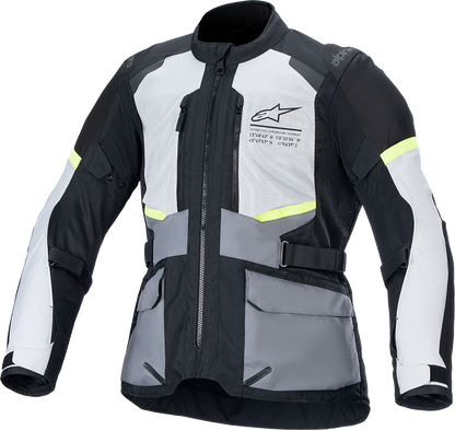 Alpinestars Andes Air Drystar® motorcycle jacket in ice gray, dark gray, and black, medium size, with protective features and ventilation.