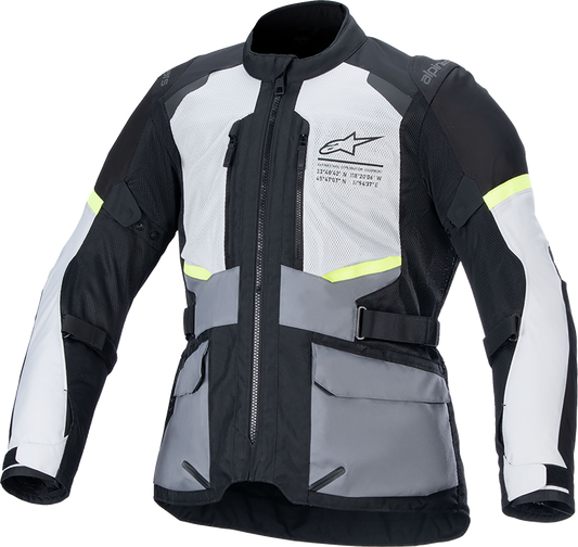 Alpinestars Andes Air Drystar® motorcycle jacket in ice gray, dark gray, and black, medium size, with protective features and ventilation.