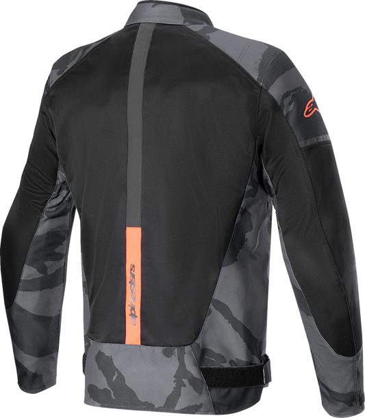 Alpinestars T-SP X Superair motorcycle jacket in gray camo with red fluo accents, size large, featuring protective armor and ventilated design.