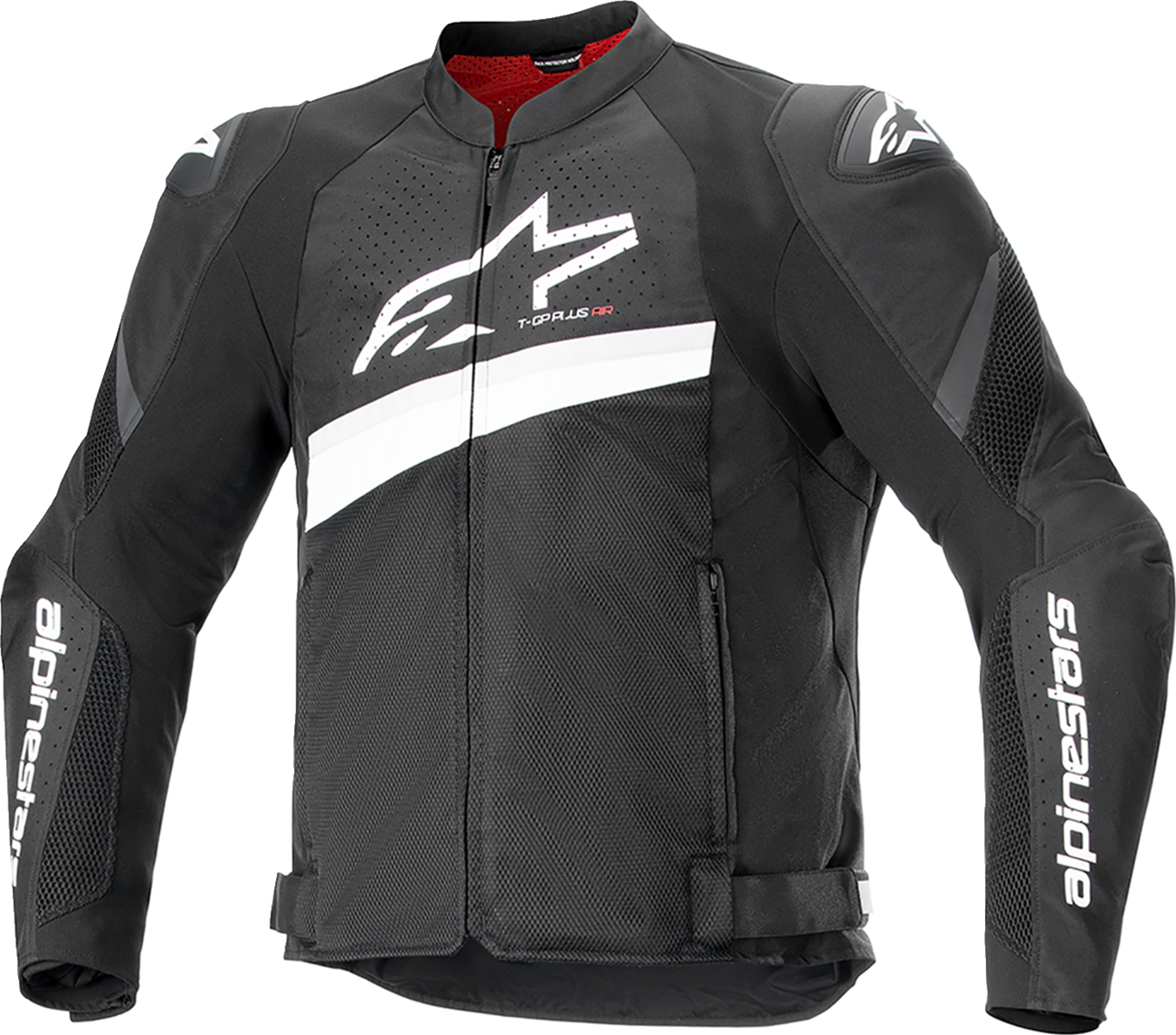 Alpinestars T-GP Plus R v4 Airflow motorcycle jacket in black and white, medium size, featuring ventilation panels and protective armor.