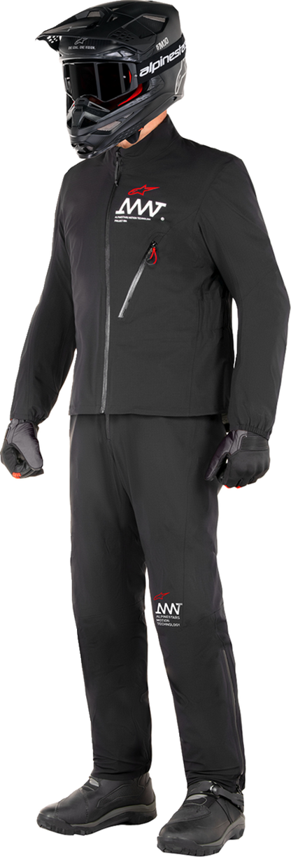 Black Alpinestars AMT Storm Gear Drystar XF Jacket, size large, designed for motorcycle riding with waterproof and breathable features.