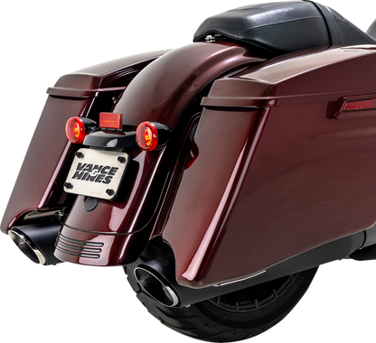 Vance & Hines Twin Slash Slip-On Muffler in black for motorcycle, showing the sleek, dual-exhaust design and finish.