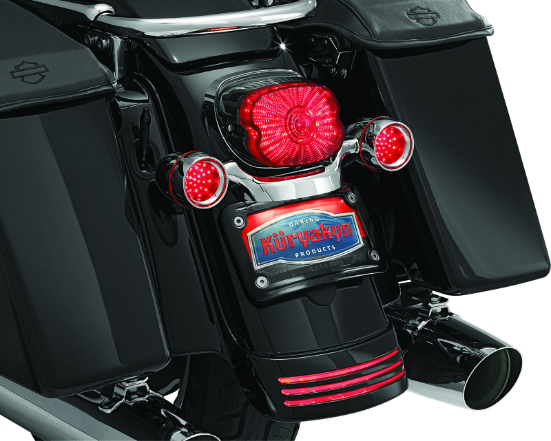 Kuryakyn curved license plate mount for Harley-Davidson Road and Touring models, part #3149, shown on motorcycle rear.