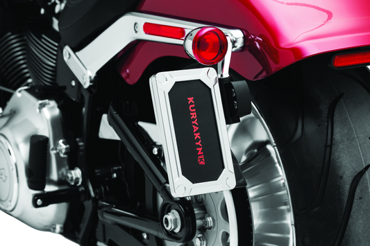 Kuryakyn Nova side mount license plate frame in glossy chrome for Harley Davidson motorcycles.