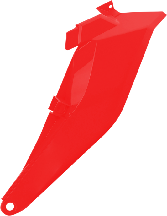 Red Acerbis side panels for motorcycle body, featuring sleek design and vibrant color, compatible with Bill's Exhausts bikes.