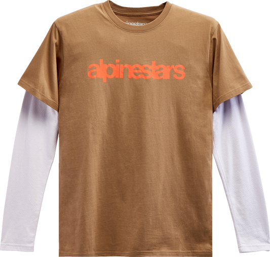 Alpinestars Stack long-sleeve T-shirt in sand and warm red, size XL, featuring the Alpinestars logo on the front.